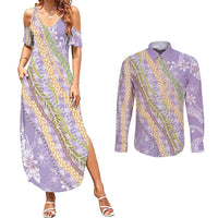 Purple Palaka Hawaii Leis Couples Matching Summer Maxi Dress and Long Sleeve Button Shirt Hawaiian-plaid Elegant Tropical Vibes - Polynesian Pride