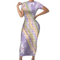 Purple Palaka Hawaii Leis Short Sleeve Bodycon Dress Hawaiian-plaid Elegant Tropical Vibes LT14 Long Dress Purple - Polynesian Pride