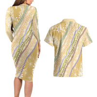 Yellow Palaka Hawaii Leis Couples Matching Long Sleeve Bodycon Dress and Hawaiian Shirt Hawaiian-plaid Elegant Tropical Vibes - Polynesian Pride