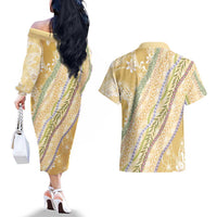 Yellow Palaka Hawaii Leis Couples Matching Off The Shoulder Long Sleeve Dress and Hawaiian Shirt Hawaiian-plaid Elegant Tropical Vibes - Polynesian Pride
