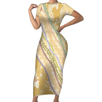 Yellow Palaka Hawaii Leis Short Sleeve Bodycon Dress Hawaiian-plaid Elegant Tropical Vibes LT14 Long Dress Yellow - Polynesian Pride