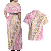 Pink Palaka Hawaii Leis Couples Matching Off Shoulder Maxi Dress and Hawaiian Shirt Hawaiian-plaid Elegant Tropical Vibes - Polynesian Pride