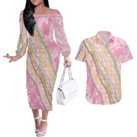 Pink Palaka Hawaii Leis Couples Matching Off The Shoulder Long Sleeve Dress and Hawaiian Shirt Hawaiian-plaid Elegant Tropical Vibes - Polynesian Pride