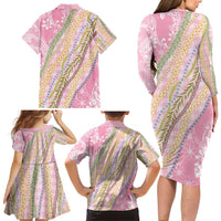 Pink Palaka Hawaii Leis Family Matching Long Sleeve Bodycon Dress and Hawaiian Shirt Hawaiian-plaid Elegant Tropical Vibes - Polynesian Pride