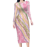Pink Palaka Hawaii Leis Family Matching Long Sleeve Bodycon Dress and Hawaiian Shirt Hawaiian-plaid Elegant Tropical Vibes LT14 Mom's Dress Pink - Polynesian Pride