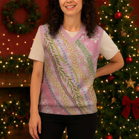 Pink Palaka Hawaii Leis Christmas Knitted V-Neck Vest Hawaiian-plaid Elegant Tropical Vibes - Polynesian Pride