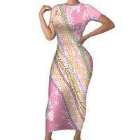 Pink Palaka Hawaii Leis Short Sleeve Bodycon Dress Hawaiian-plaid Elegant Tropical Vibes LT14 Long Dress Pink - Polynesian Pride