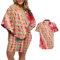 Red Palaka Hawaii Leis Couples Matching Off Shoulder Short Dress and Hawaiian Shirt Hawaiian-plaid Elegant Tropical Vibes - Polynesian Pride