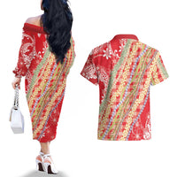 Red Palaka Hawaii Leis Couples Matching Off The Shoulder Long Sleeve Dress and Hawaiian Shirt Hawaiian-plaid Elegant Tropical Vibes - Polynesian Pride