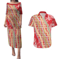Red Palaka Hawaii Leis Couples Matching Puletasi and Hawaiian Shirt Hawaiian-plaid Elegant Tropical Vibes LT14 Red - Polynesian Pride