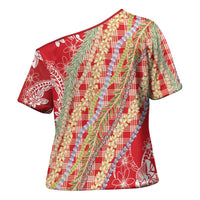 Red Palaka Hawaii Leis Cross Shoulder Shirt Hawaiian-plaid Elegant Tropical Vibes - Polynesian Pride