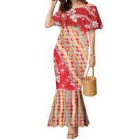 Red Palaka Hawaii Leis Family Matching Mermaid Dress and Hawaiian Shirt Hawaiian-plaid Elegant Tropical Vibes LT14 Mom's Dress Red - Polynesian Pride