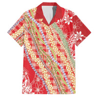Red Palaka Hawaii Leis Family Matching Off The Shoulder Long Sleeve Dress and Hawaiian Shirt Hawaiian-plaid Elegant Tropical Vibes LT14 Dad's Shirt - Short Sleeve Red - Polynesian Pride