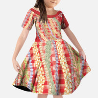 Red Palaka Hawaii Leis Family Matching Off Shoulder Short Dress and Hawaiian Shirt Hawaiian-plaid Elegant Tropical Vibes - Polynesian Pride