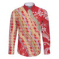 Red Palaka Hawaii Leis Family Matching Off Shoulder Short Dress and Hawaiian Shirt Hawaiian-plaid Elegant Tropical Vibes - Polynesian Pride