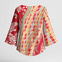 Red Palaka Hawaii Leis Kimono Sleeve Blouse Hawaiian-plaid Elegant Tropical Vibes - Polynesian Pride