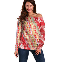 Red Palaka Hawaii Leis Off Shoulder Sweater Hawaiian-plaid Elegant Tropical Vibes - Polynesian Pride