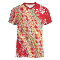 Red Palaka Hawaii Leis Women V-Neck T-Shirt Hawaiian-plaid Elegant Tropical Vibes LT14 Female Red - Polynesian Pride