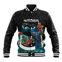 Personalised Valentine's Day New Zealand Baseball Jacket Tui Bird Couple Kowhaiwhai Mix Pohutukawa LT14 Unisex Black - Polynesian Pride