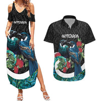 Personalised Valentine's Day New Zealand Couples Matching Summer Maxi Dress and Hawaiian Shirt Tui Bird Couple Kowhaiwhai Mix Pohutukawa LT14 Black - Polynesian Pride