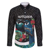 Personalised Valentine's Day New Zealand Family Matching Mermaid Dress and Hawaiian Shirt Tui Bird Couple Kowhaiwhai Mix Pohutukawa LT14 Dad's Shirt - Long Sleeve Black - Polynesian Pride