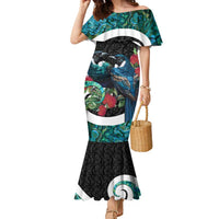 Personalised Valentine's Day New Zealand Family Matching Mermaid Dress and Hawaiian Shirt Tui Bird Couple Kowhaiwhai Mix Pohutukawa LT14 Mom's Dress Black - Polynesian Pride
