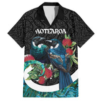 Personalised Valentine's Day New Zealand Family Matching Short Sleeve Bodycon Dress and Hawaiian Shirt Tui Bird Couple Kowhaiwhai Mix Pohutukawa LT14 Dad's Shirt - Short Sleeve Black - Polynesian Pride