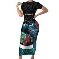 Personalised Valentine's Day New Zealand Family Matching Short Sleeve Bodycon Dress and Hawaiian Shirt Tui Bird Couple Kowhaiwhai Mix Pohutukawa LT14 Mom's Dress Black - Polynesian Pride