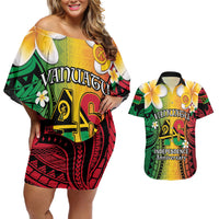 Vanuatu Independence Day Couples Matching Off Shoulder Short Dress and Hawaiian Shirt Long God Yumi Stanap Happy 45th Anniversary LT14 Reggae - Polynesian Pride