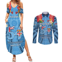 Fiji Day Couples Matching Summer Maxi Dress and Long Sleeve Button Shirt Happy 54 Years Of Independence Tapa Pattern Blue LT14 Blue - Polynesian Pride