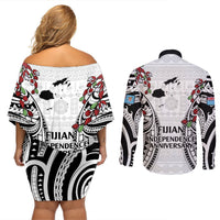 Fiji Day Couples Matching Off Shoulder Short Dress and Long Sleeve Button Shirt Happy 54 Years Of Independence Tapa Pattern White LT14 - Polynesian Pride