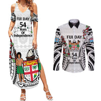 Fiji Day Couples Matching Summer Maxi Dress and Long Sleeve Button Shirt Happy 54 Years Of Independence Tapa Pattern White LT14 White - Polynesian Pride