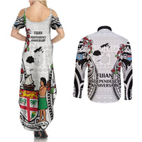 Fiji Day Couples Matching Summer Maxi Dress and Long Sleeve Button Shirt Happy 54 Years Of Independence Tapa Pattern White LT14 - Polynesian Pride
