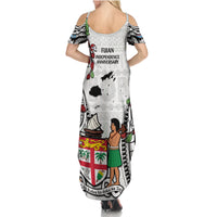 Fiji Day Family Matching Summer Maxi Dress and Hawaiian Shirt Happy 54 Years Of Independence Tapa Pattern White