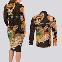 Personalised Aloha Hawaii Lanai Island Couples Matching Long Sleeve Bodycon Dress and Long Sleeve Button Shirt Pineapple Isle Map Sea Turtle Plumeria