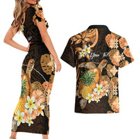 Personalised Aloha Hawaii Lanai Island Couples Matching Short Sleeve Bodycon Dress and Hawaiian Shirt Pineapple Isle Map Sea Turtle Plumeria