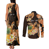 Personalised Aloha Hawaii Lanai Island Couples Matching Tank Maxi Dress and Long Sleeve Button Shirt Pineapple Isle Map Sea Turtle Plumeria