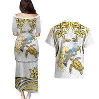 Personalised Aloha Hawaii Niihau Island Couples Matching Puletasi and Hawaiian Shirt Forbidden Isle Map Shell Lei