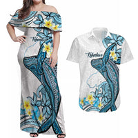 Personalised Aloha Hawaii Kahoolawe Island Couples Matching Off Shoulder Maxi Dress and Hawaiian Shirt Target Isle Map With Humpback Whale