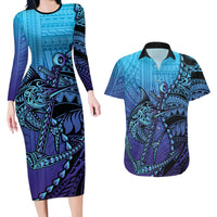 Personalised Polynesia Blue Marlin Fishing Couples Matching Long Sleeve Bodycon Dress and Hawaiian Shirt Marlin Anchor Tattoo Polynesian Pattern LT14 Purple - Polynesian Pride