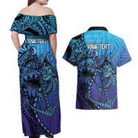 Personalised Polynesia Blue Marlin Fishing Couples Matching Off Shoulder Maxi Dress and Hawaiian Shirt Marlin Anchor Tattoo Polynesian Pattern LT14 - Polynesian Pride