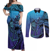 Personalised Polynesia Blue Marlin Fishing Couples Matching Off Shoulder Maxi Dress and Long Sleeve Button Shirt Marlin Anchor Tattoo Polynesian Pattern