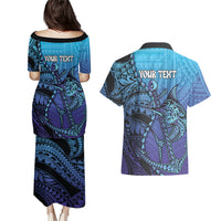 Personalised Polynesia Blue Marlin Fishing Couples Matching Puletasi and Hawaiian Shirt Marlin Anchor Tattoo Polynesian Pattern