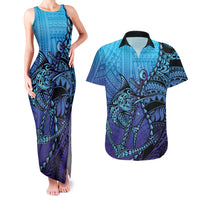 Personalised Polynesia Blue Marlin Fishing Couples Matching Tank Maxi Dress and Hawaiian Shirt Marlin Anchor Tattoo Polynesian Pattern LT14 Purple - Polynesian Pride