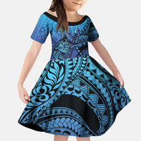 Personalised Polynesia Blue Marlin Fishing Family Matching Off The Shoulder Long Sleeve Dress and Hawaiian Shirt Marlin Anchor Tattoo Polynesian Pattern