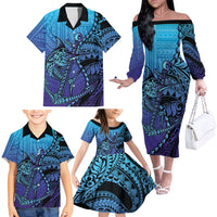 Personalised Polynesia Blue Marlin Fishing Family Matching Off The Shoulder Long Sleeve Dress and Hawaiian Shirt Marlin Anchor Tattoo Polynesian Pattern
