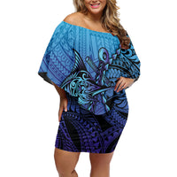 Personalised Polynesia Blue Marlin Fishing Family Matching Off Shoulder Short Dress and Hawaiian Shirt Marlin Anchor Tattoo Polynesian Pattern LT14 Mom's Dress Purple - Polynesian Pride
