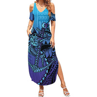 Personalised Polynesia Blue Marlin Fishing Family Matching Summer Maxi Dress and Hawaiian Shirt Marlin Anchor Tattoo Polynesian Pattern LT14 Mom's Dress Purple - Polynesian Pride
