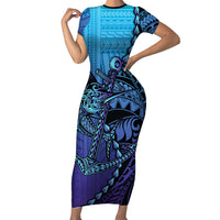 Personalised Polynesia Blue Marlin Fishing Short Sleeve Bodycon Dress Marlin Anchor Tattoo Polynesian Pattern