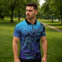 Personalised Polynesia Blue Marlin Fishing Zipper Polo Shirt Marlin Anchor Tattoo Polynesian Pattern
